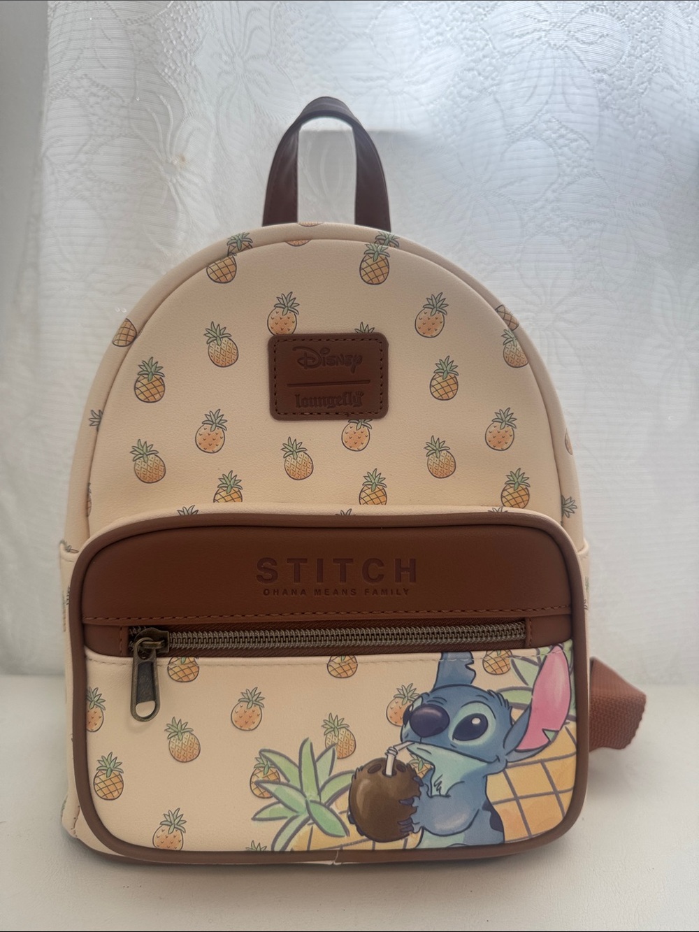 Loungefly Cream and Brown Stitch Pineapple Kids Mini Backpack